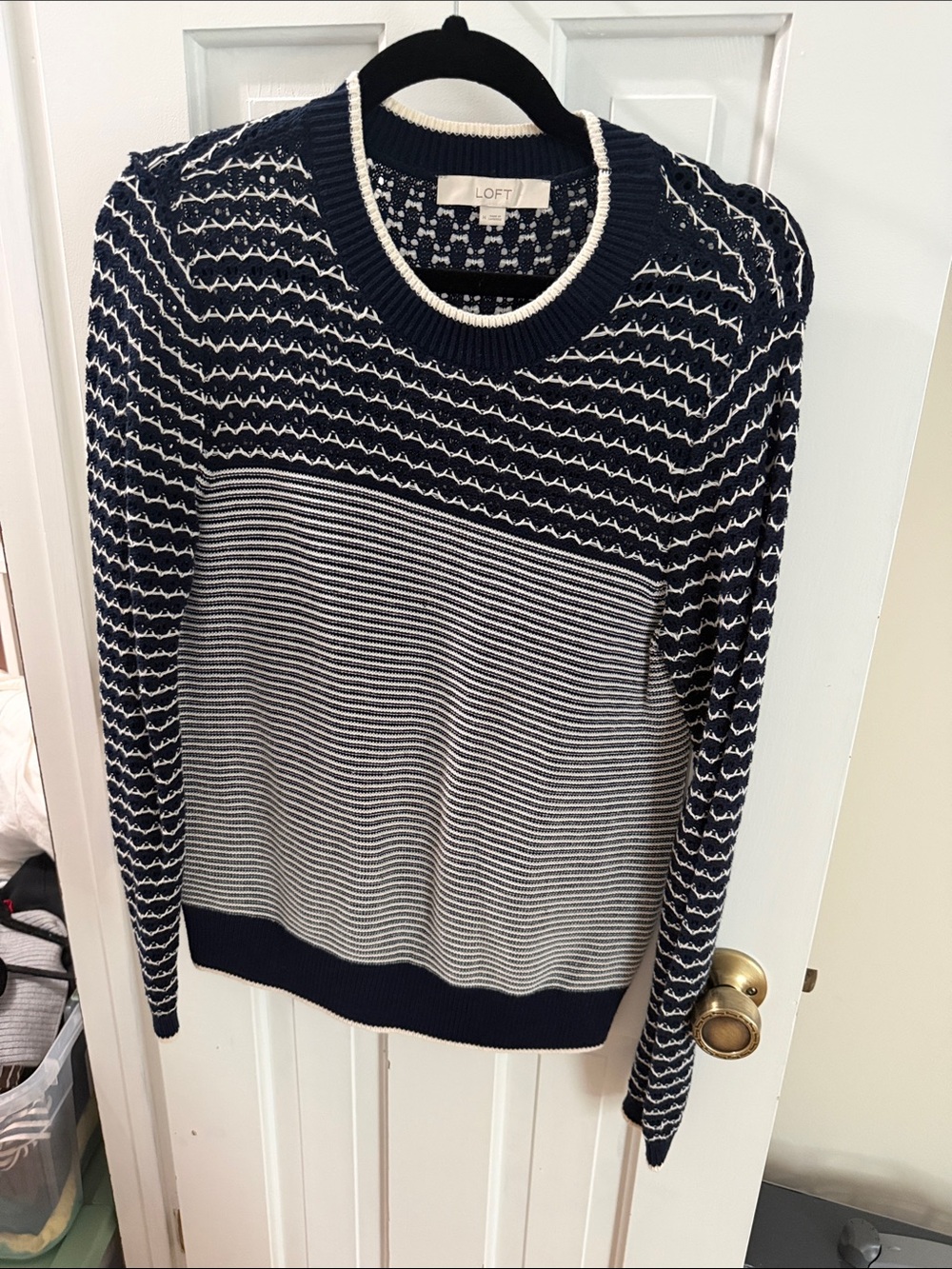 LOFT Navy & White Mixed-Pattern Crewneck Sweater